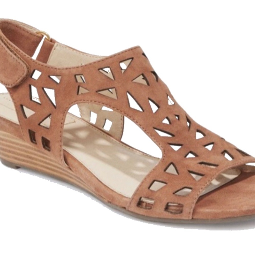Cut-Out Suede Wedge Sandals, Sz 9M, Cognac